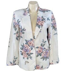 VTG Jack Winter USA Blazer LARGE Off White Floral 2 Pocket 1 Button Crisp Jacket